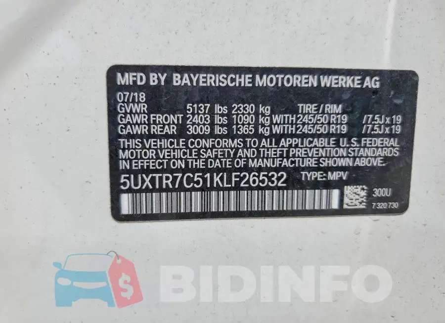5UXTR7C51KLF26532 Photo# 12