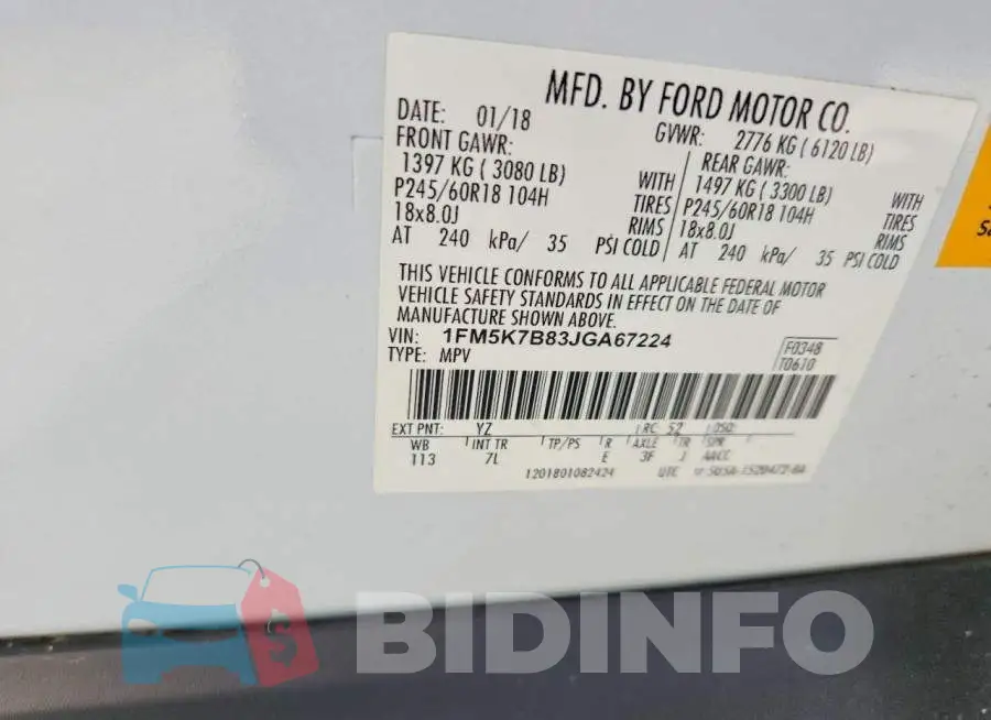 1FM5K7B83JGA67224 Photo# 13