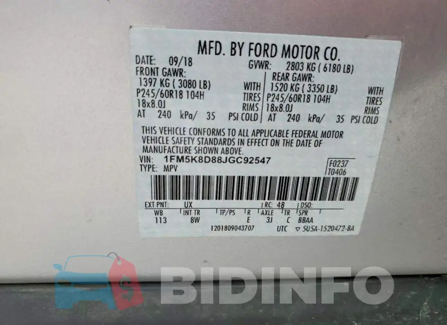 1FM5K8D88JGC92547 Photo# 13