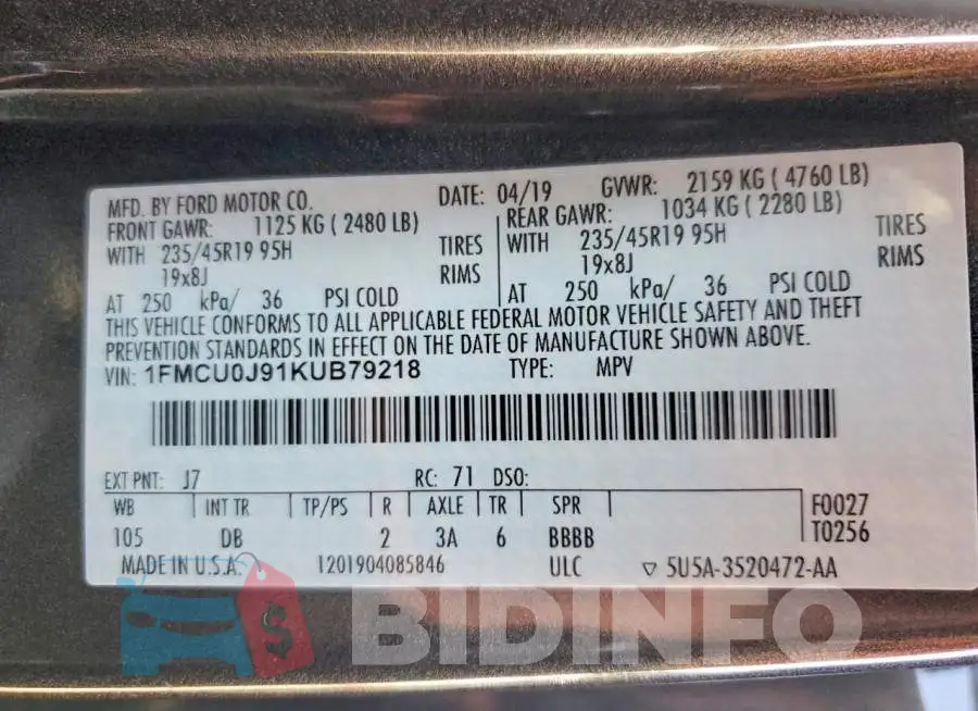 1FMCU0J91KUB79218 Photo# 14