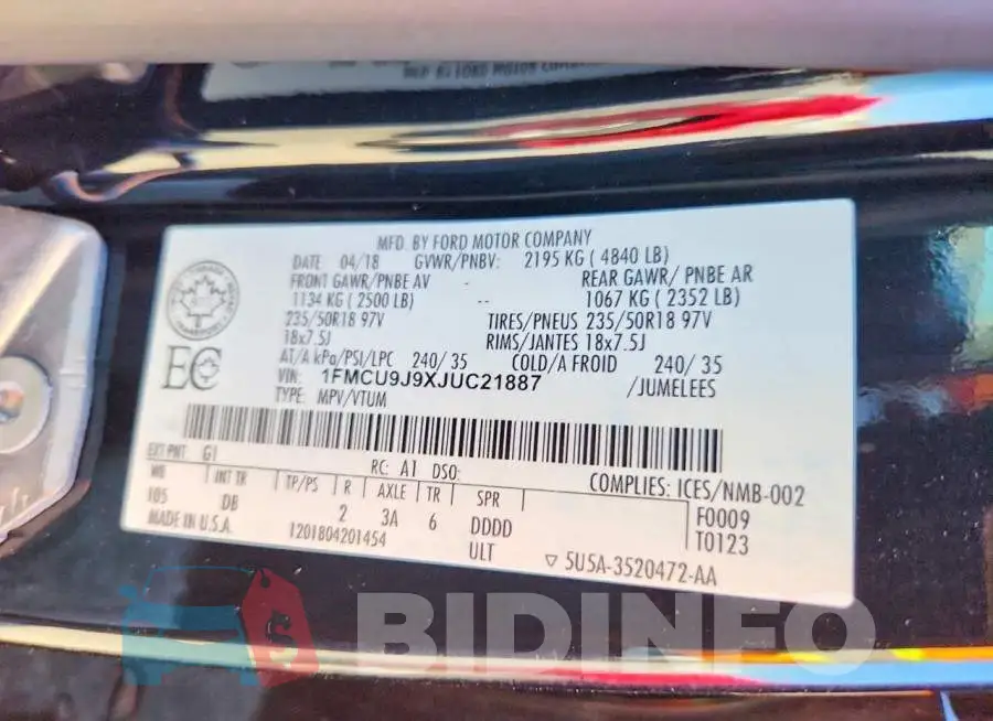 1FMCU9J9XJUC21887 Photo# 14