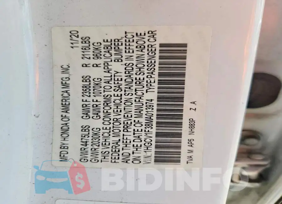1HGCV1F38MA013974 Photo# 12