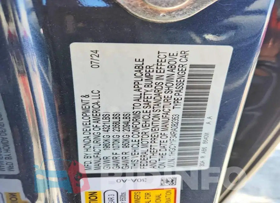1HGCY1F34RA082353 Photo# 12