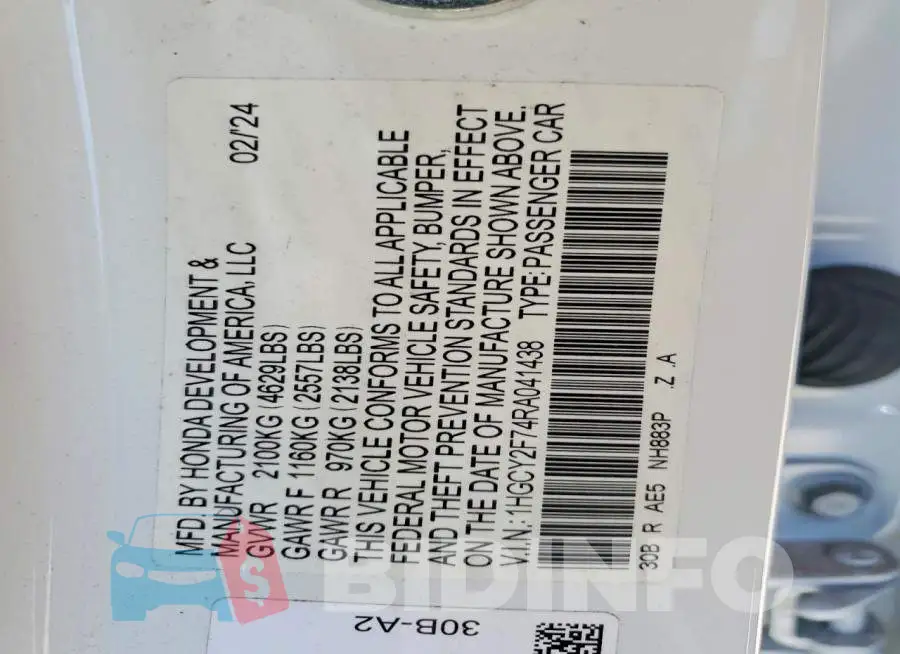 1HGCY2F74RA041438 Photo# 14