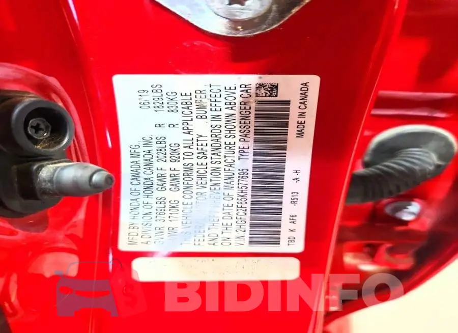 2HGFC2F65KH577695 Photo# 12