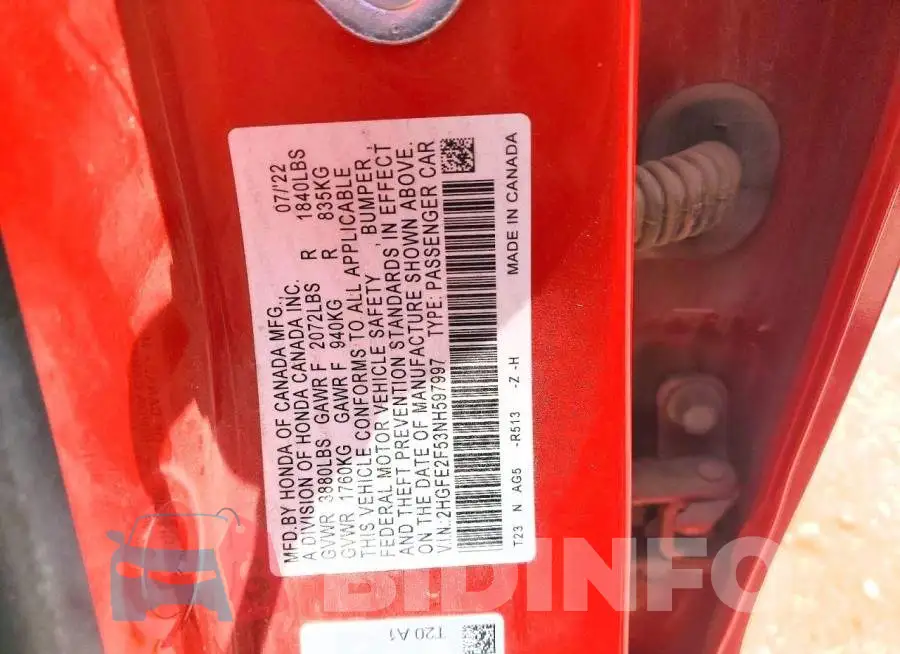 2HGFE2F53NH597997 Photo# 12