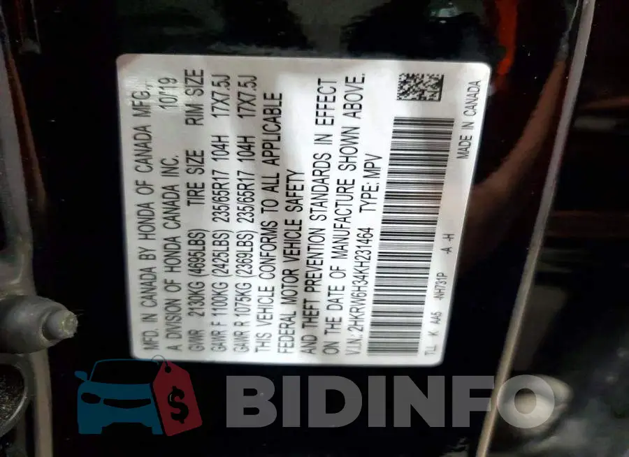 2HKRW6H34KH231464 Photo# 14
