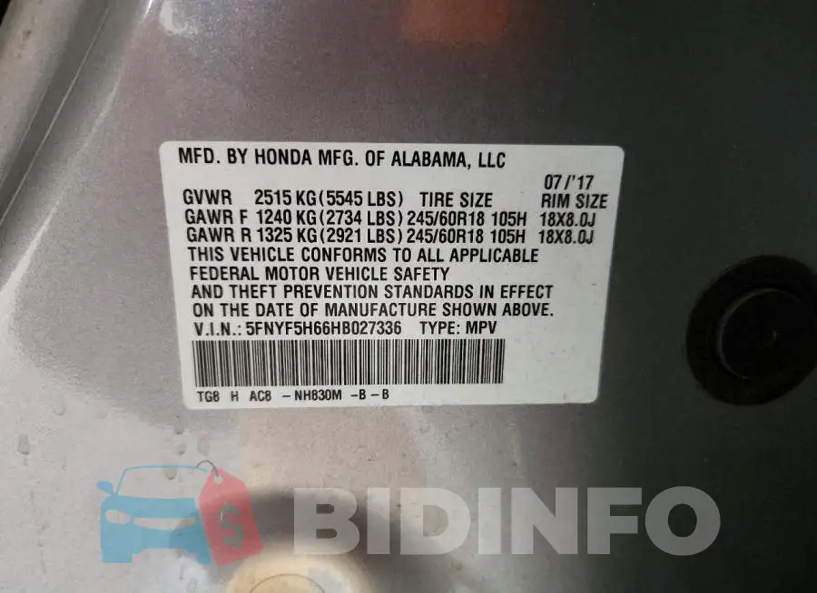 5FNYF5H66HB027336 Photo# 13