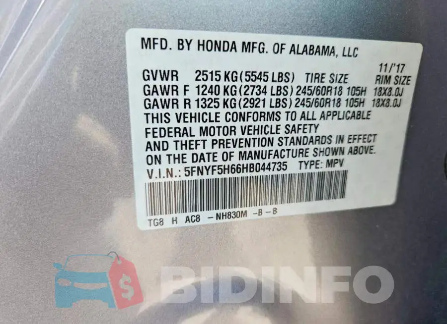 5FNYF5H66HB044735 Photo# 13