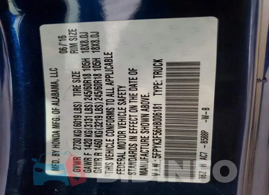 5FPYK3F56HB006181 Photo# 12