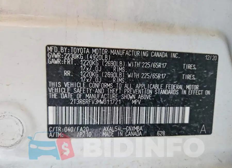 2T3R6RFV3MW011721 Photo# 13