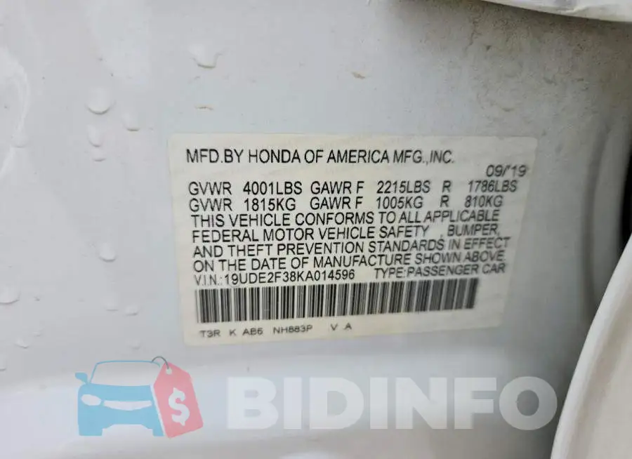 19UDE2F38KA014596 Photo# 12