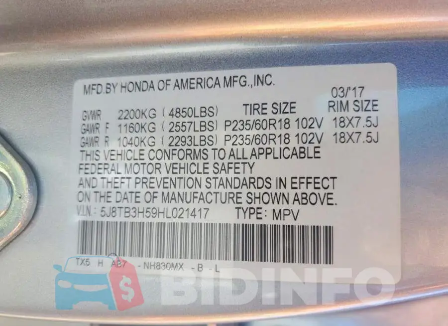 5J8TB3H59HL021417 Photo# 13