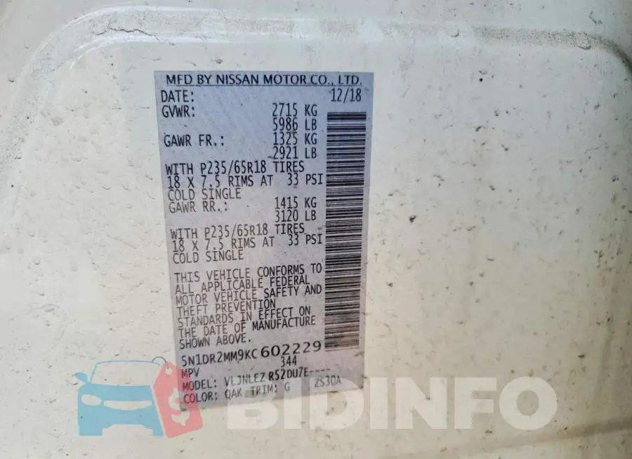 5N1DR2MM9KC602229 Photo# 13