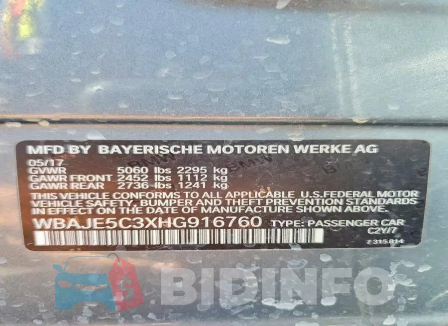 WBAJE5C3XHG916760 Photo# 12