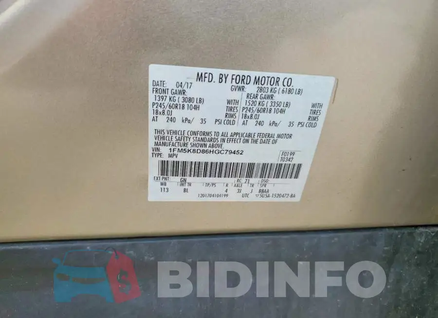 1FM5K8D86HGC79452 Photo# 14