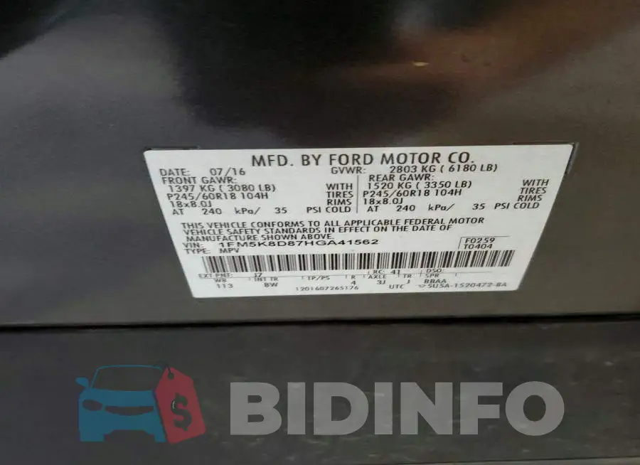 1FM5K8D87HGA41562 Photo# 13