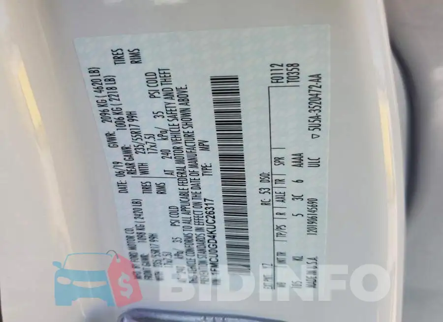1FMCU0GD4KUC26317 Photo# 14