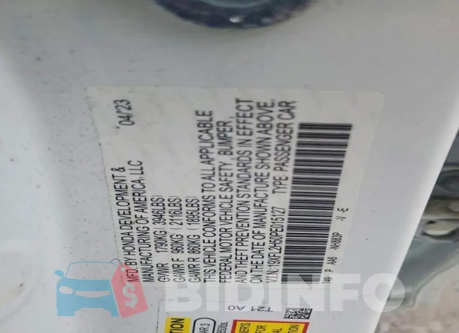 19XFL2H50PE015127 Photo# 13