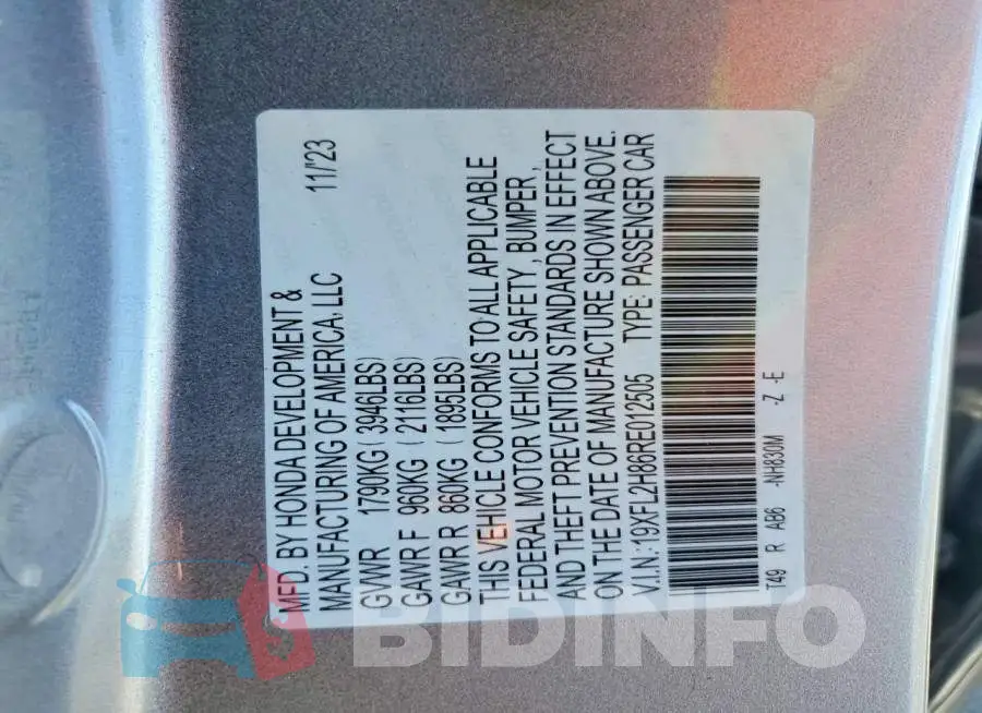 19XFL2H86RE012505 Photo# 12