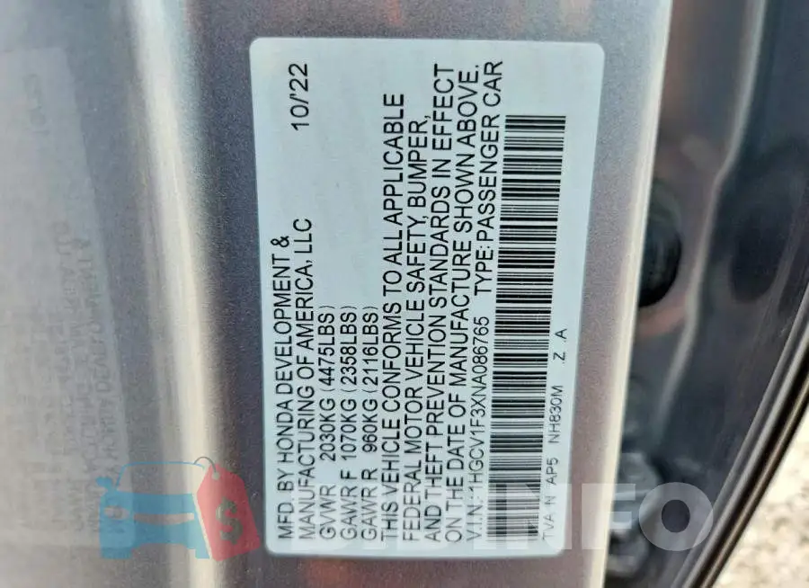 1HGCV1F3XNA086765 Photo# 13