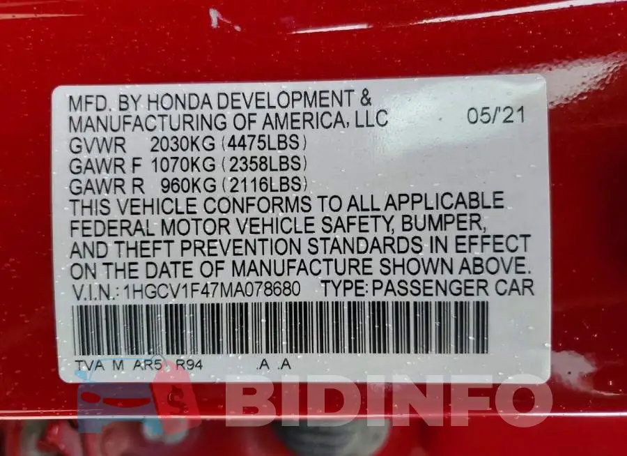 1HGCV1F47MA078680 Photo# 12