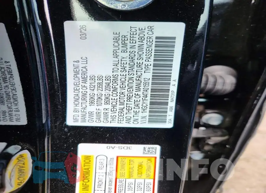 1HGCY1F44TA015512 Photo# 12