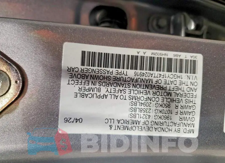 1HGCY1F47TA024916 Photo# 12