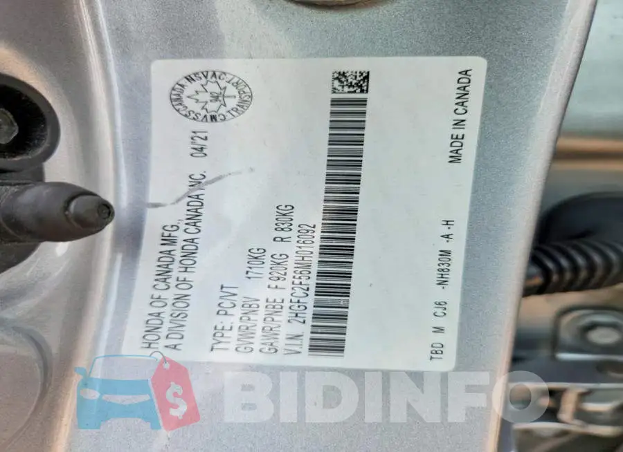 2HGFC2F56MH016092 Photo# 13