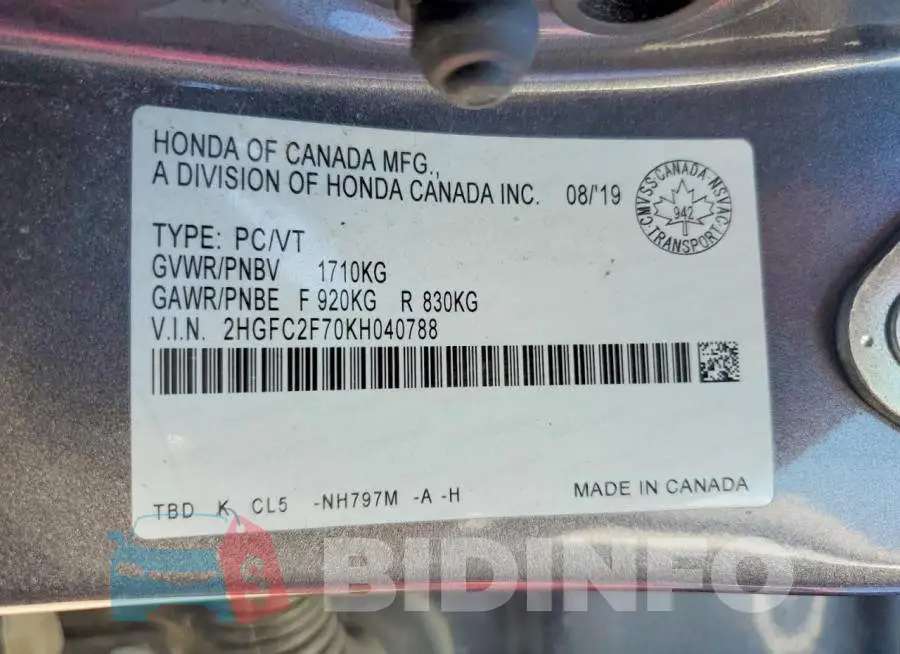 2HGFC2F70KH040788 Photo# 12