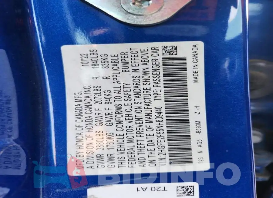 2HGFE2F55NH609440 Photo# 12