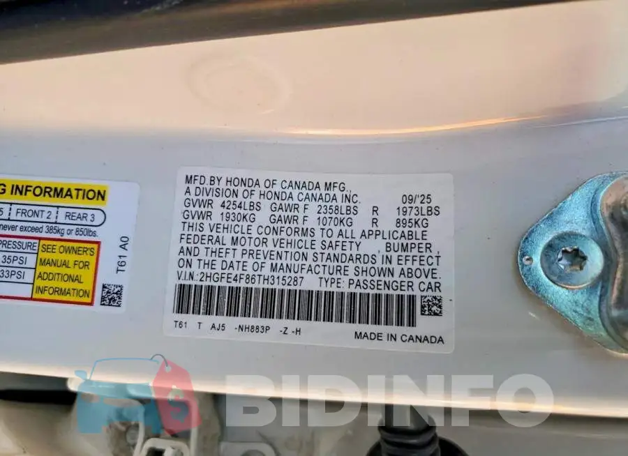 2HGFE4F86TH315287 Photo# 12