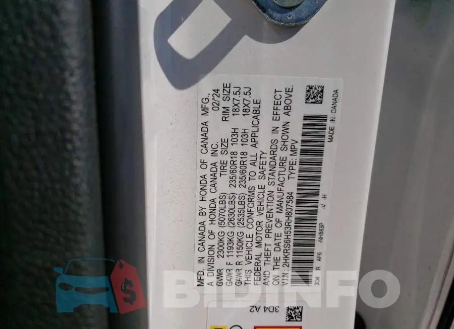 2HKRS6H53RH807584 Photo# 13