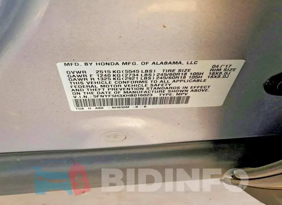 5FNYF5H3XHB016023 Photo# 13