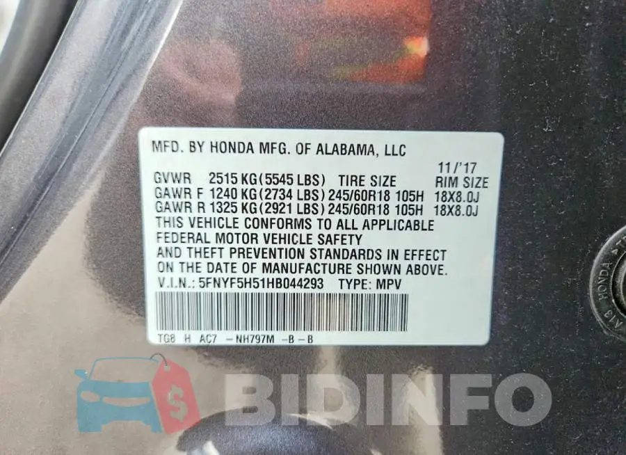 5FNYF5H51HB044293 Photo# 13