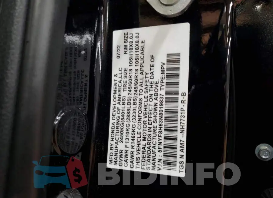 5FNYF8H63N8019837 Photo# 13