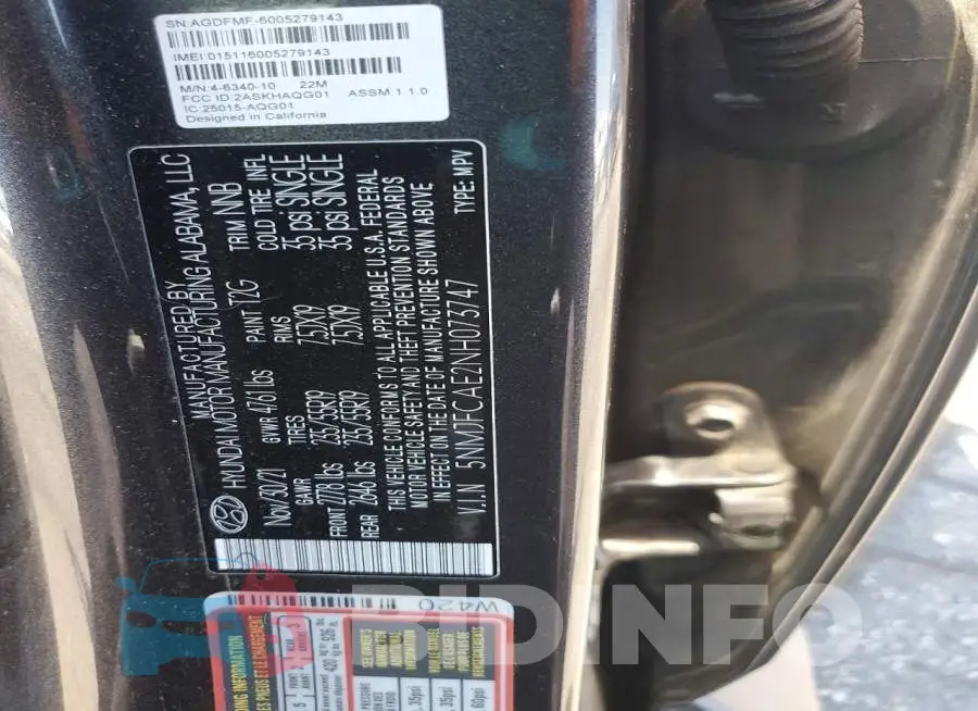 5NMJFCAE2NH073747 Photo# 13