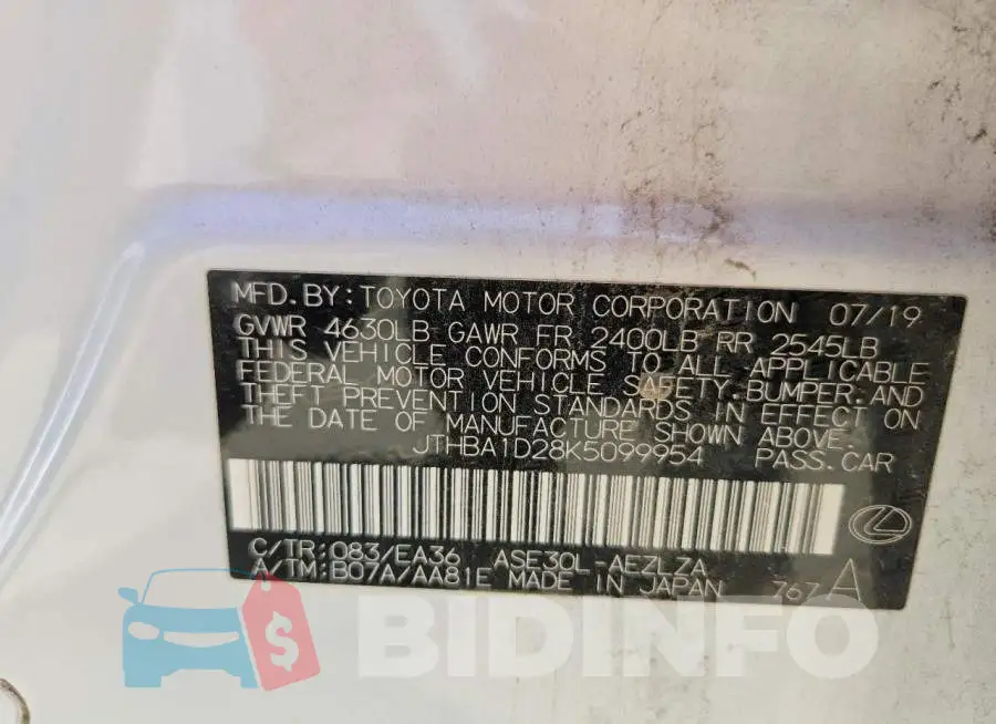 JTHBA1D28K5099954 Photo# 12