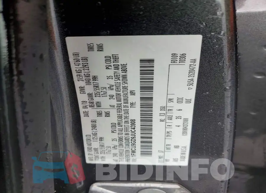 1FMCU9GD9JUC43908 Photo# 13