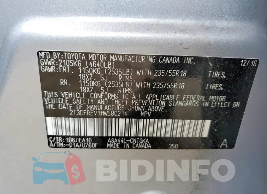 2T3DFREV1HW580214 Photo# 13