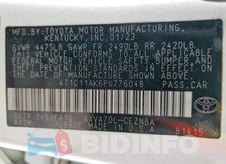 4T1C11AK6PU776048 Photo# 12