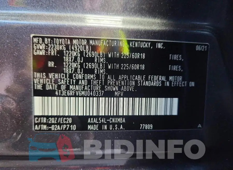 4T3E6RFV6MU040337 Photo# 12