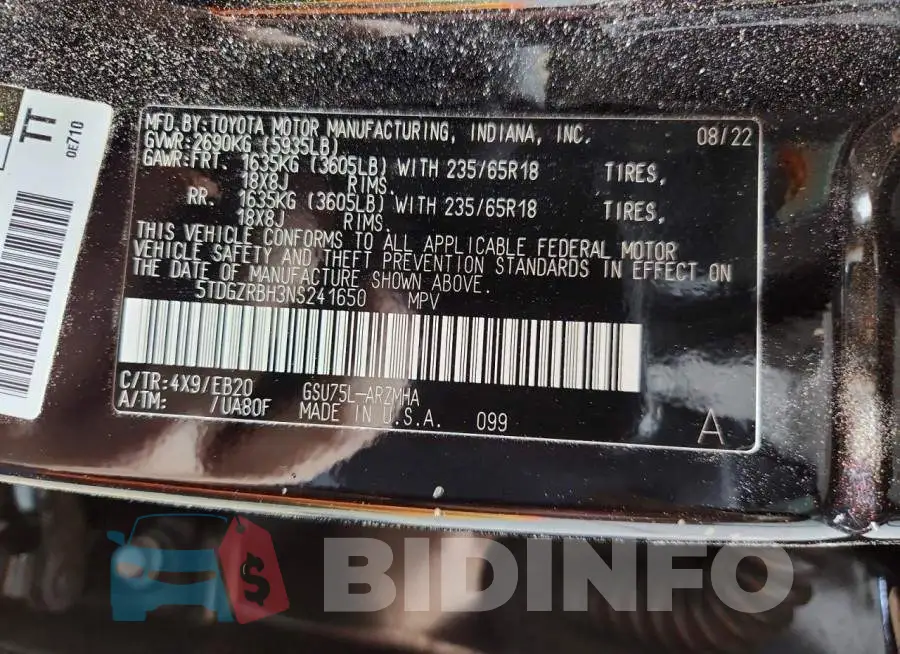 5TDGZRBH3NS241650 Photo# 14