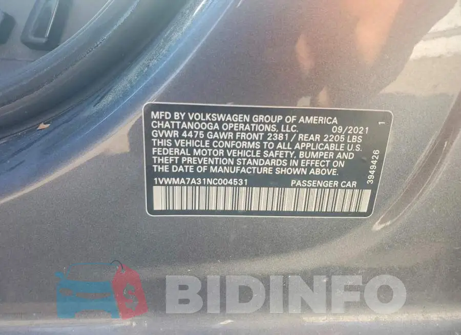 1VWMA7A31NC004531 Photo# 13