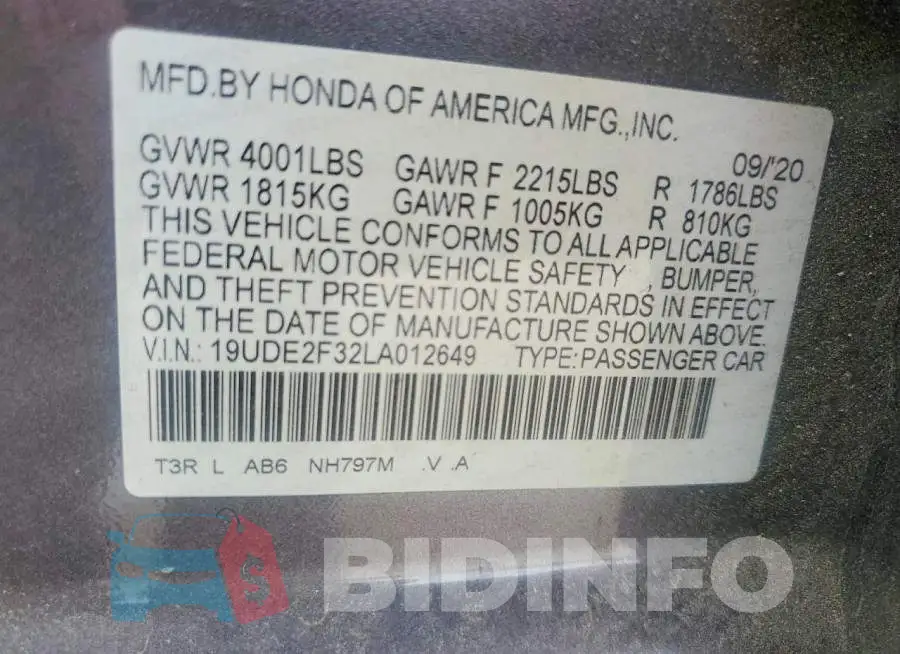 19UDE2F32LA012649 Photo# 12
