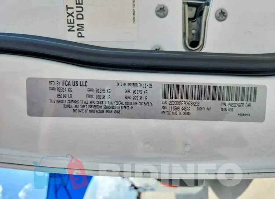 2C3CDXBG7KH760238 Photo# 13