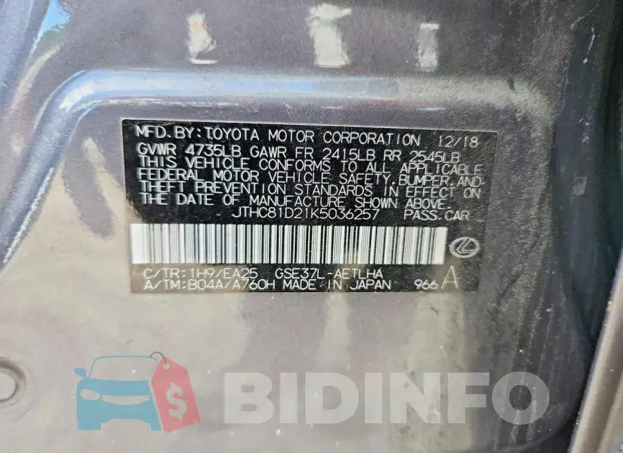 JTHC81D21K5036257 Photo# 12