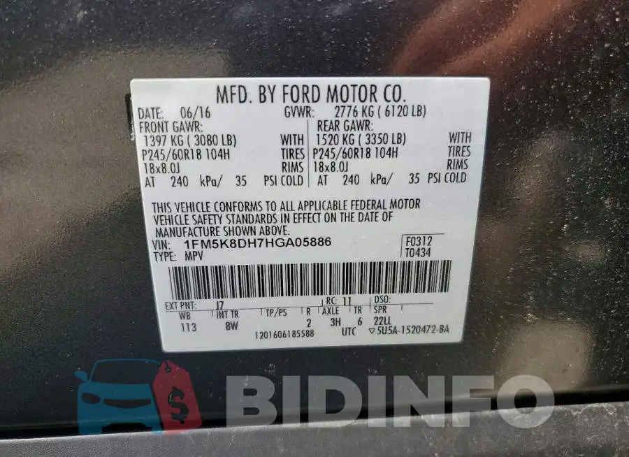 1FM5K8DH7HGA05886 Photo# 14