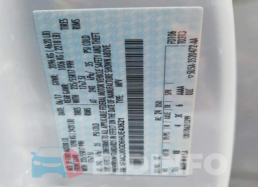 1FMCU0GD6HUE43621 Photo# 14