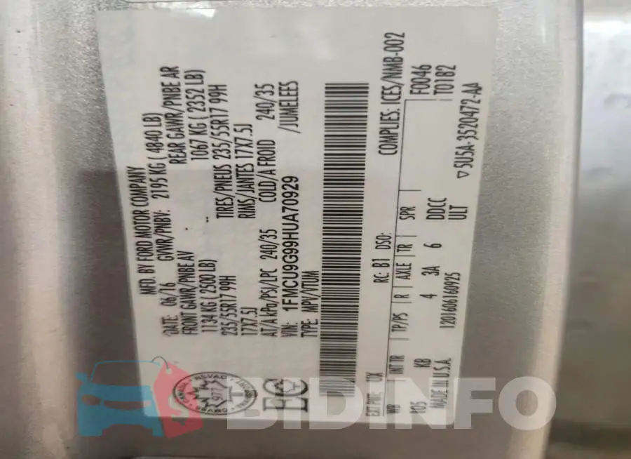 1FMCU9G99HUA70929 Photo# 13